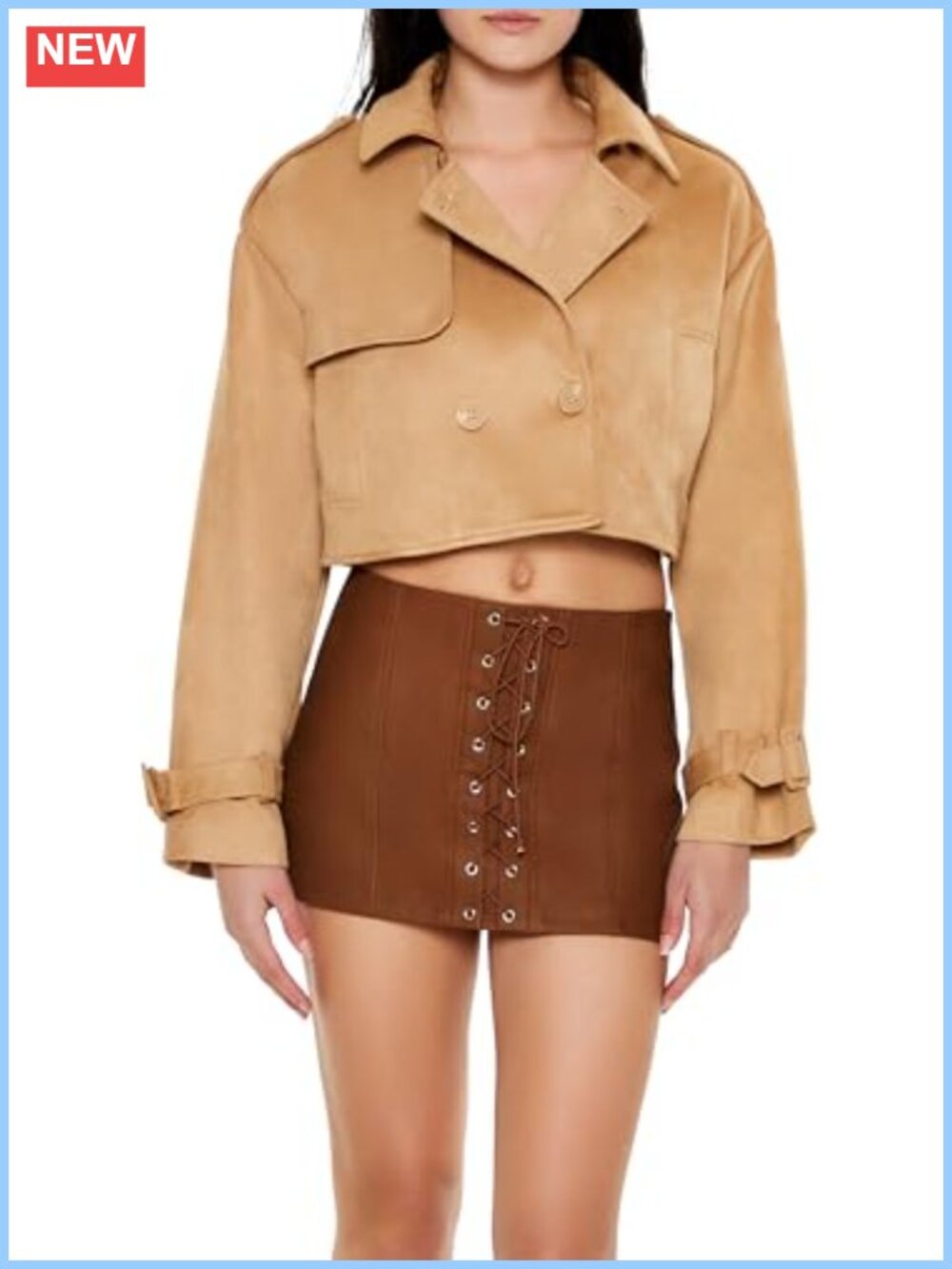 Faux Suede Cropped Trench Coat Notch Collar Double Breasted